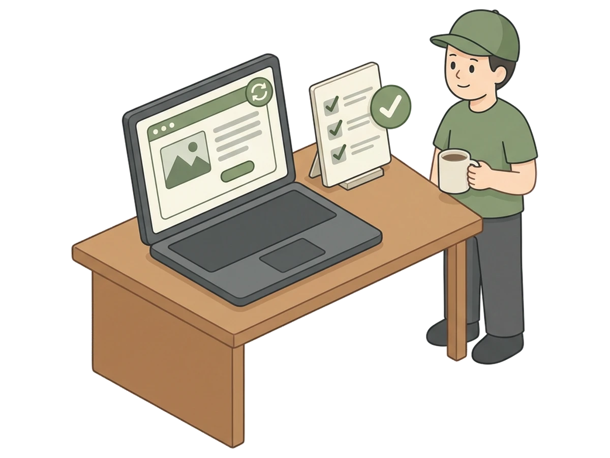 Een laptop op een bureau waarop het scherm een geopende browser toont met een zojuist bijgewerkte WordPress-website en een groen vinkje naast een checklist.