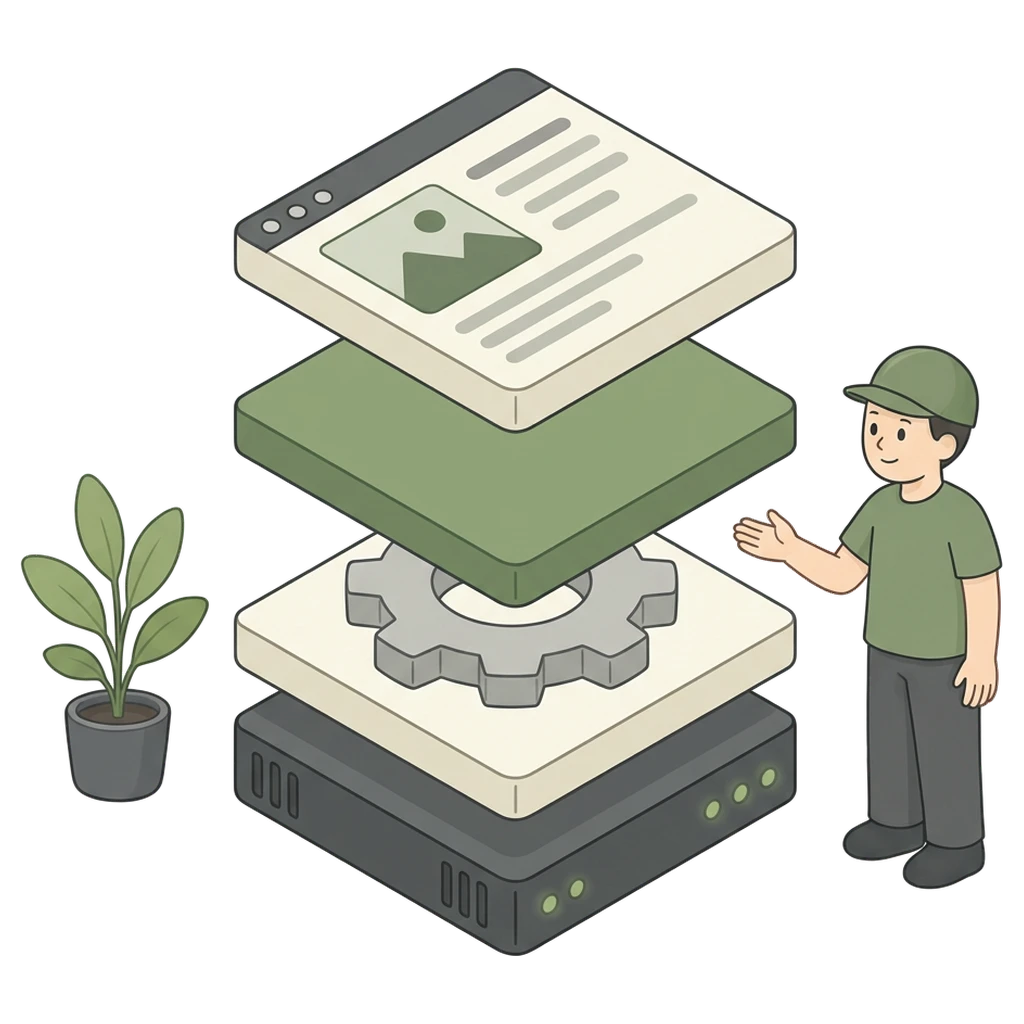 Vier lagen van een WordPress-site boven elkaar: een server, de kern met een tandwiel, de plugins als puzzelstukjes en het thema als webpagina, met de webbouwer die naar de puzzellaag wijst