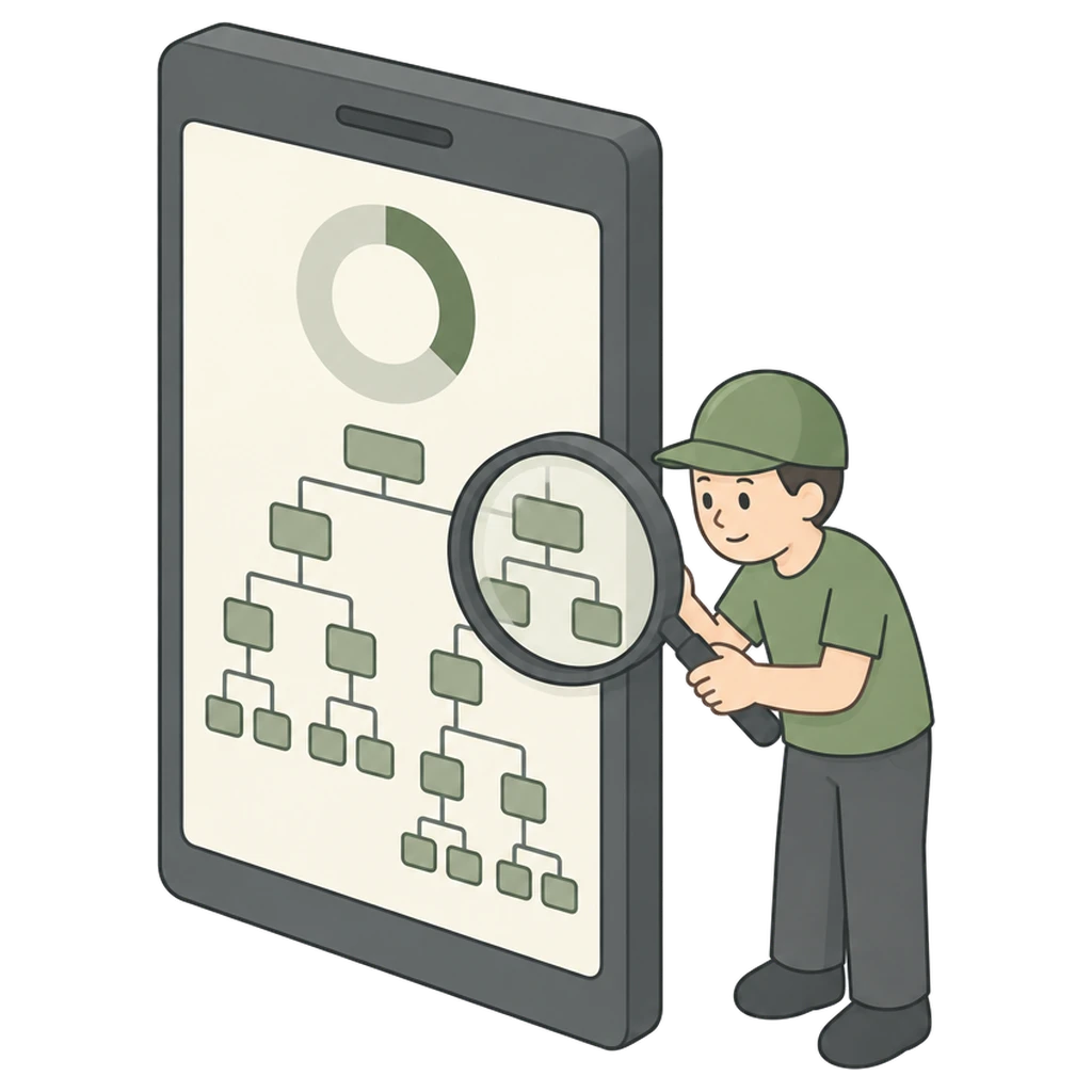 Webbouwer bekijkt met een vergrootglas de diepe boomstructuur van een pagina op een smartphone met een lage score