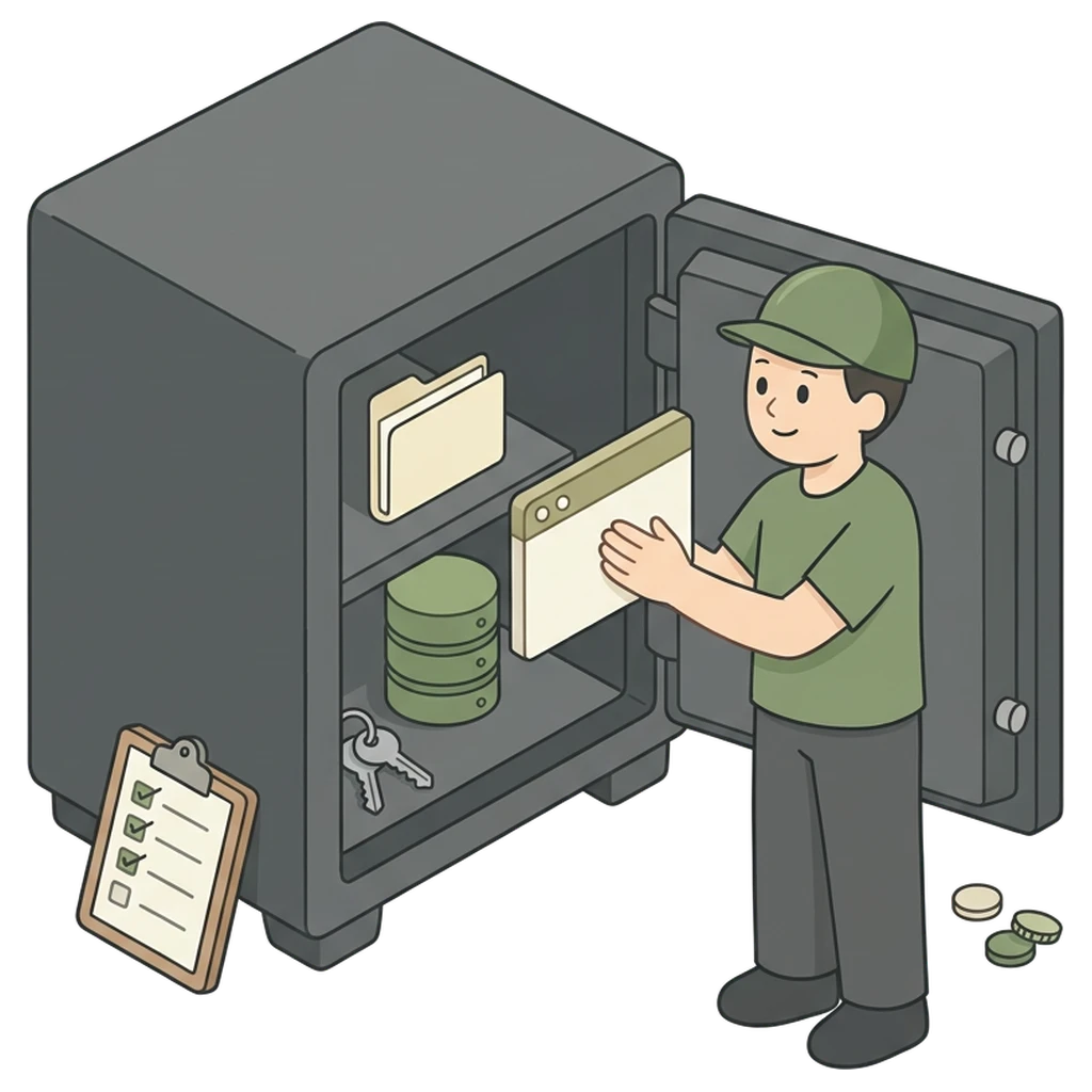 Webbouwer zet een kopie van de website als backup in een open kluis met een map en een database, met een checklist ertegenaan