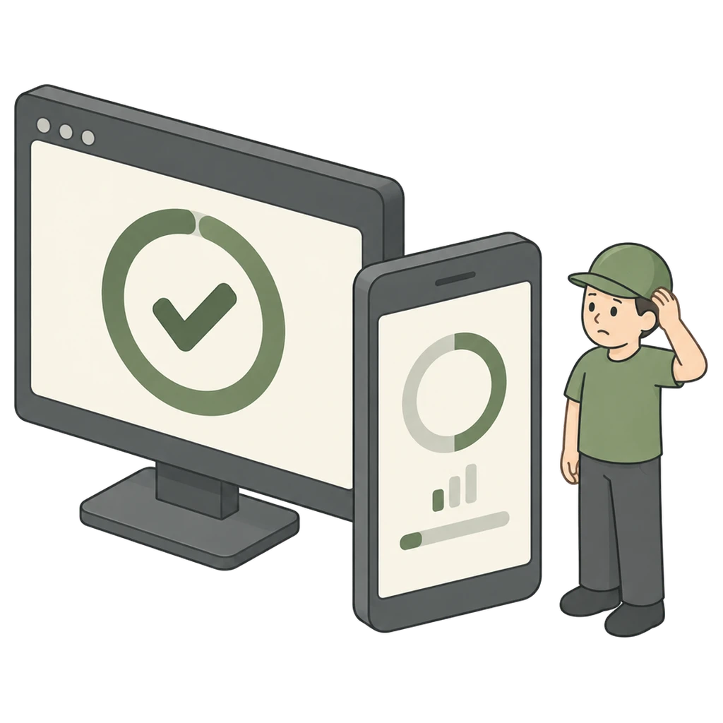 Desktopscherm met een volle score naast een smartphone met een halve score en een zwak signaal, met een twijfelende webbouwer ernaast