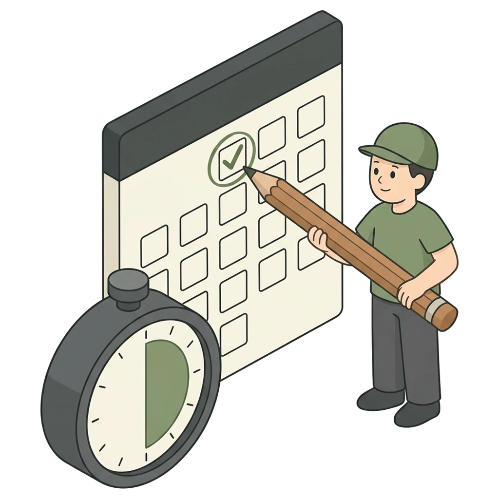 Webbouwer zet met een groot potlood een vinkje in het eerste vakje van een kalender, voor een timer die voor de helft gevuld is