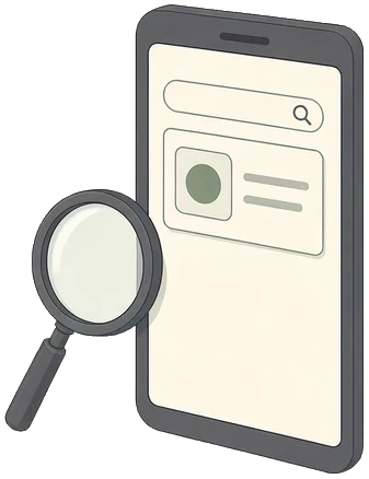 Vergrootglas boven een smartphone met een zoekbalk en een zoekresultaat