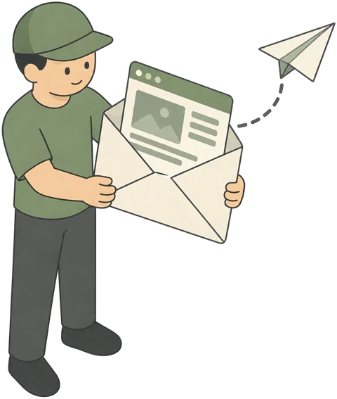 Webbouwer houdt een open envelop vast met het proefontwerp erin