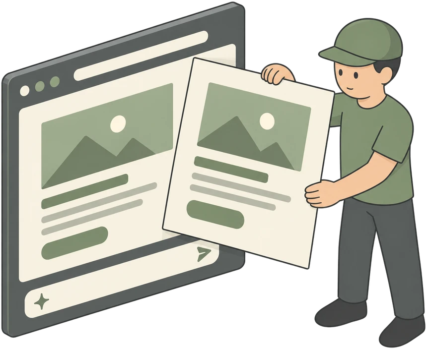 Webbouwer houdt een webpagina omhoog naast een scherm met een invoerveld waarin een vraag wordt gesteld