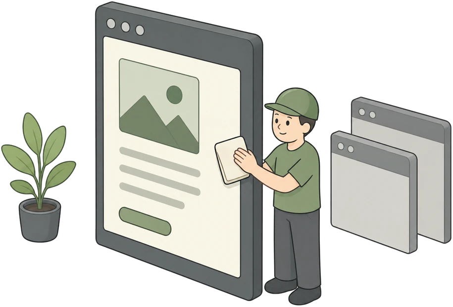 Webbouwer werkt de laatste details van een proefontwerp af, naast een plant en twee lege browservensters