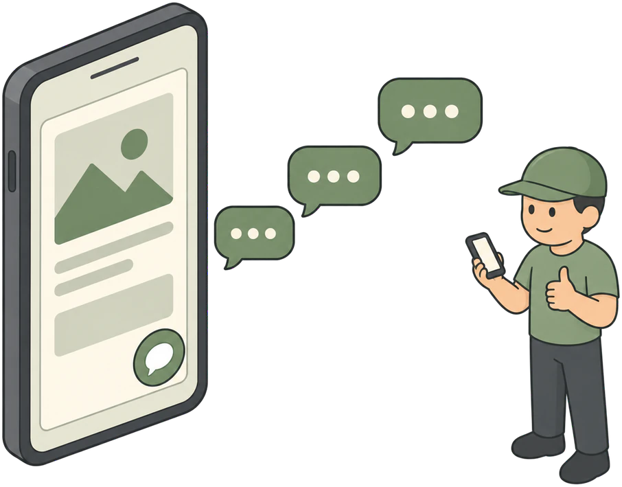 Berichten gaan van de WhatsApp-knop op een website naar de telefoon van een tevreden ondernemer