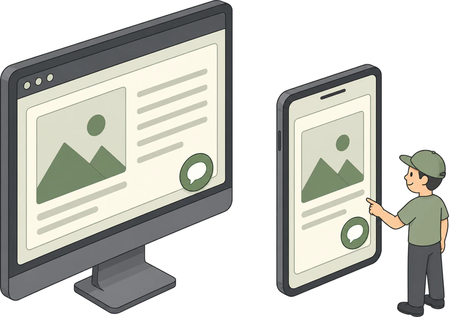 Desktopscherm en smartphone met dezelfde website, op beide schermen zweeft rechtsonder een WhatsApp-knop