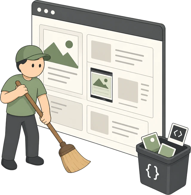 Webbouwer veegt overbodige plugins en scripts uit een WordPress-website in een prullenbak