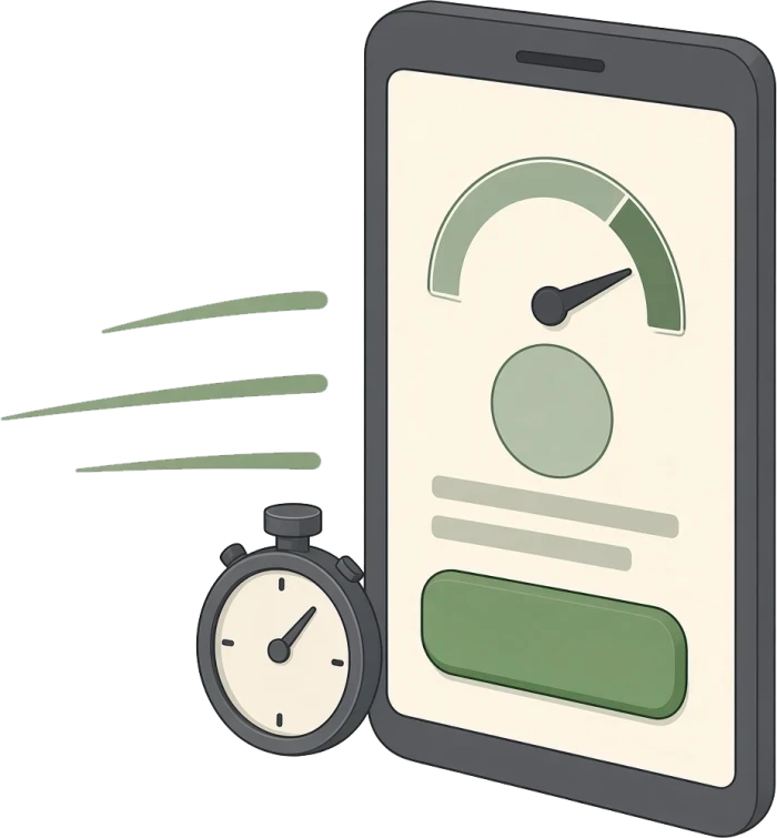 Smartphone met een snelheidsmeter op het scherm naast een stopwatch, als test van de laadtijd