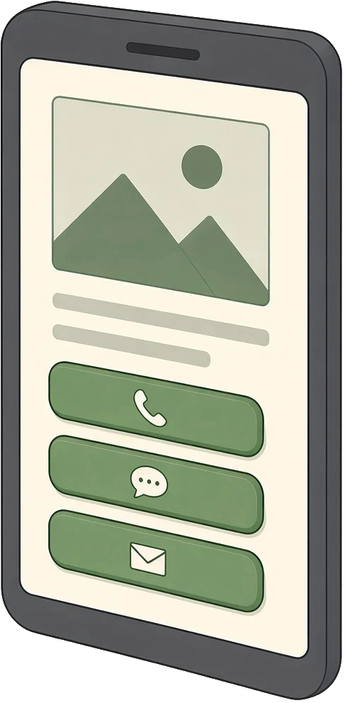 Smartphone met een zzp-website waarop bezoekers direct kunnen bellen, appen of mailen