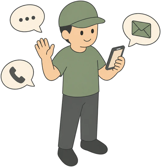 Vaste contactpersoon zwaait en houdt zijn telefoon vast, met tekstballonnen voor chat, telefoon en e-mail