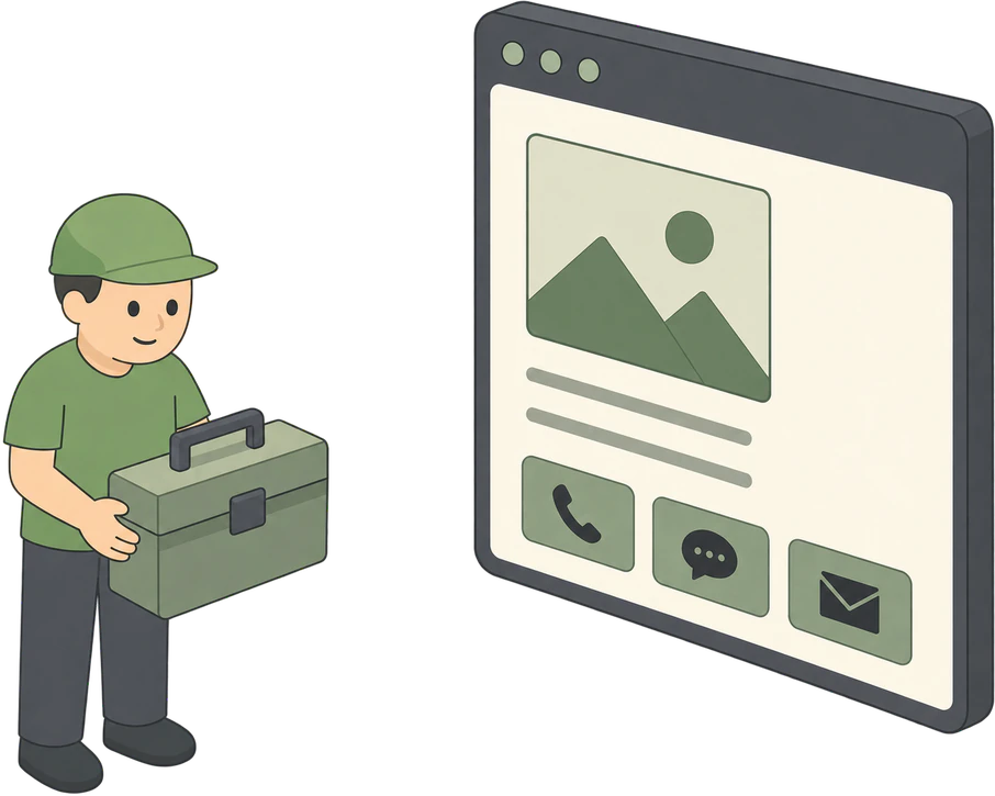 Zzp’er met gereedschapskist naast zijn nieuwe website met een belknop, WhatsApp-knop en e-mailknop