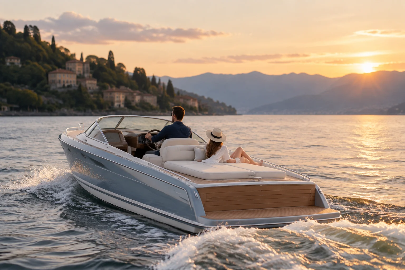 Helder 900 Sport bij zonsondergang, met de schipper aan het roer en een vrouw met zonnehoed op het zonnedek