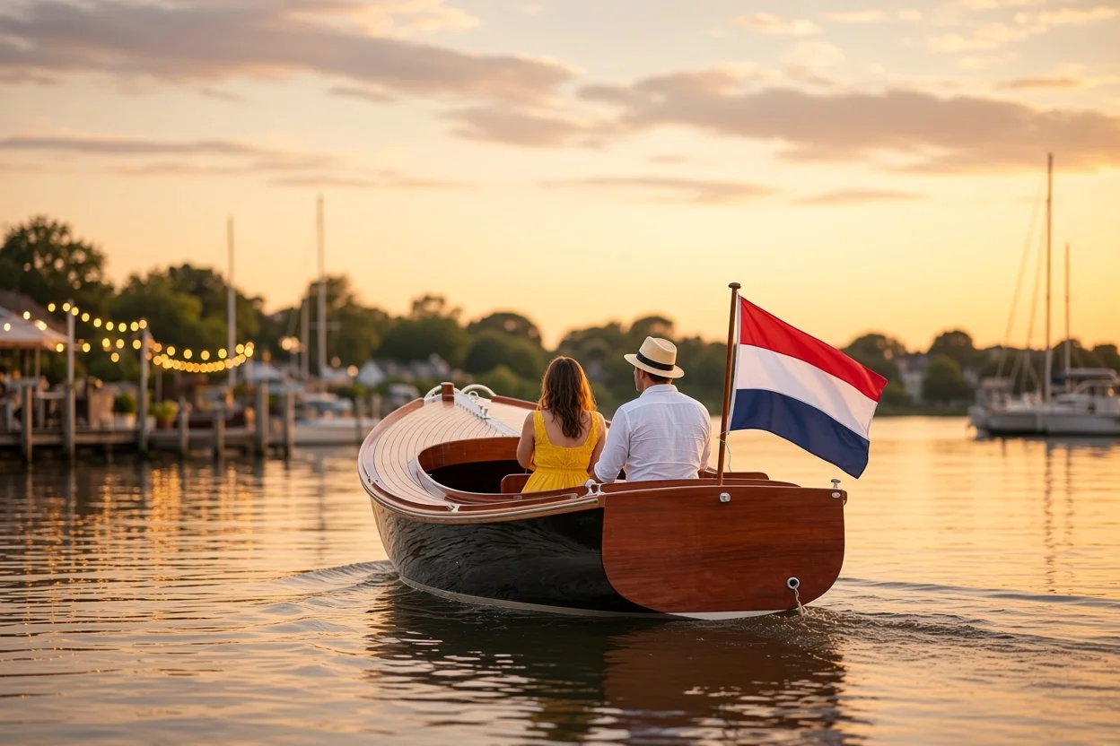 Helder Classic 780 van glanzend mahonie met Nederlandse vlag, een stel aan boord in een haven met lichtjes bij zonsondergang