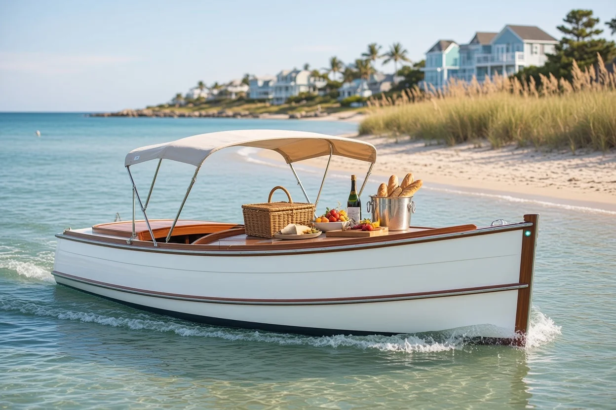Helder 820 met bimini en een picknick aan dek, vlak bij een zandstrand met duinen