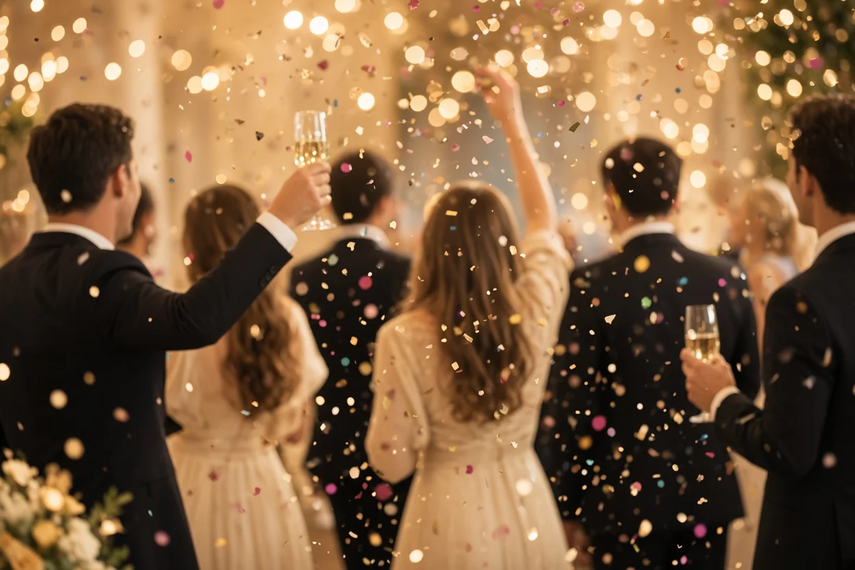 Gasten in feestkleding heffen het glas terwijl er confetti en lichtjes neerdwarrelen