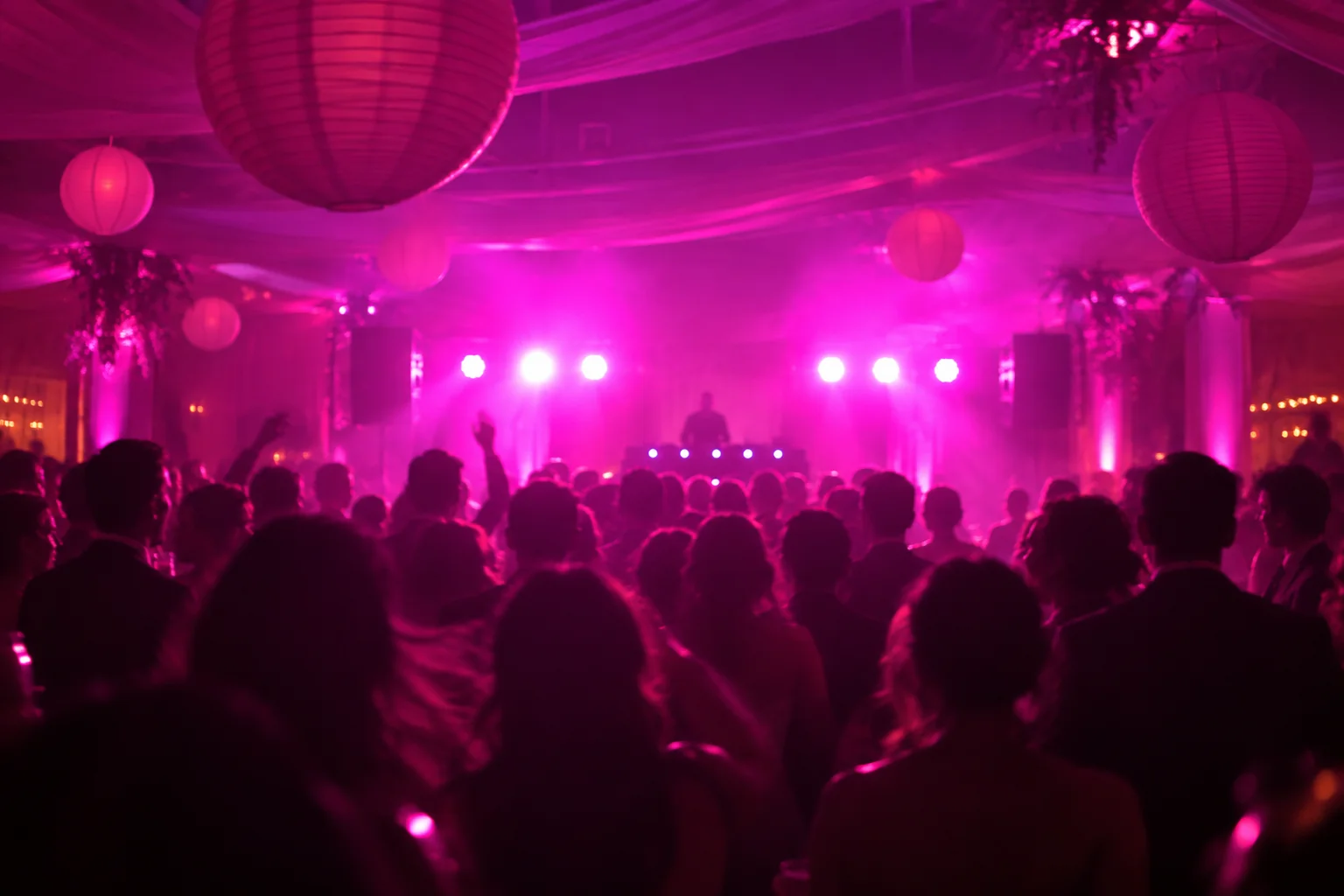 Volle dansvloer onder roze licht, met lampionnen aan het plafond en een dj op het podium