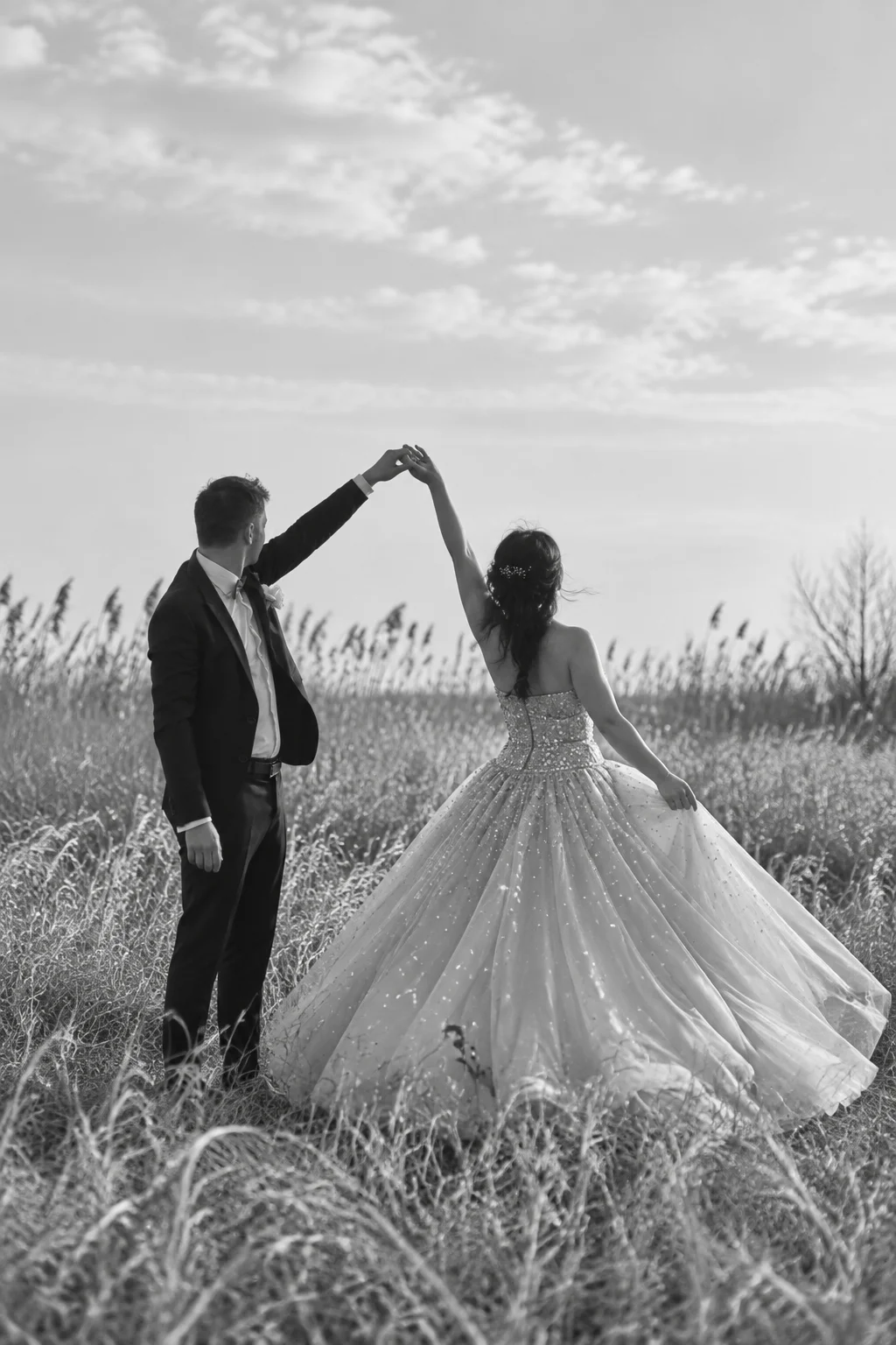 Zwart-witfoto van een bruidspaar dat danst in hoog gras, de bruid draait rond in een wijde baljurk