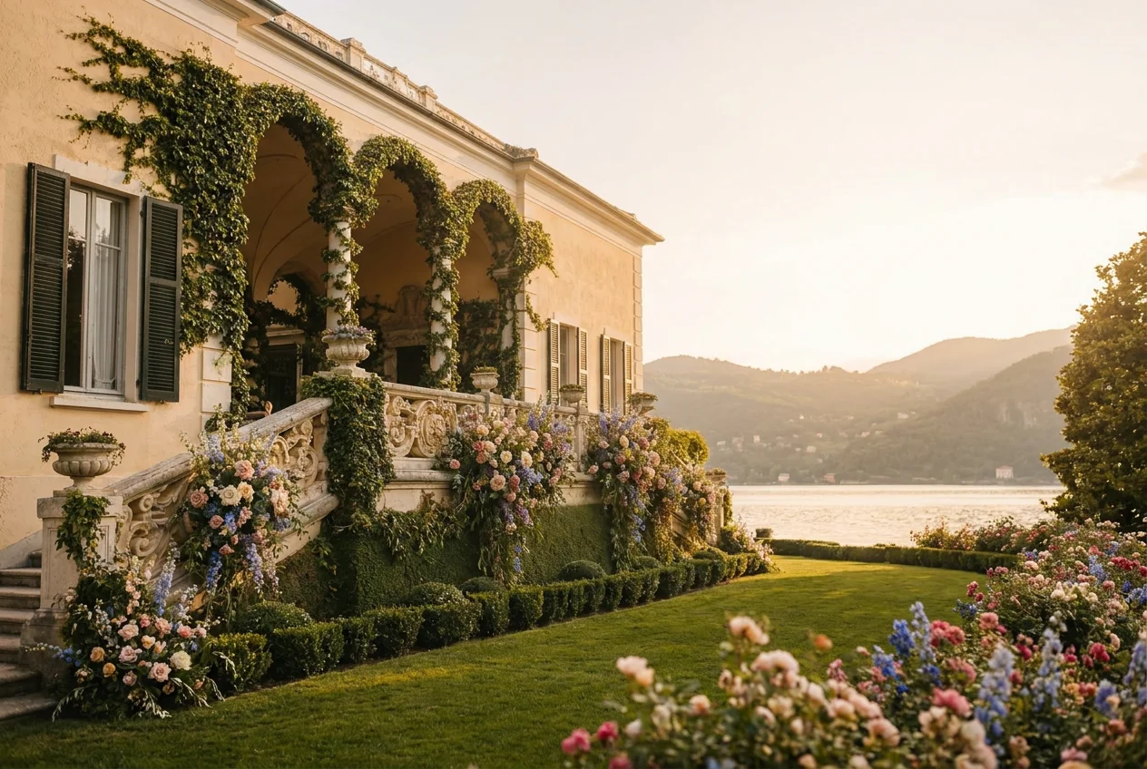Gele villa met klimop rond de bogen en bloemen langs de trap, aan een meer bij zonsondergang