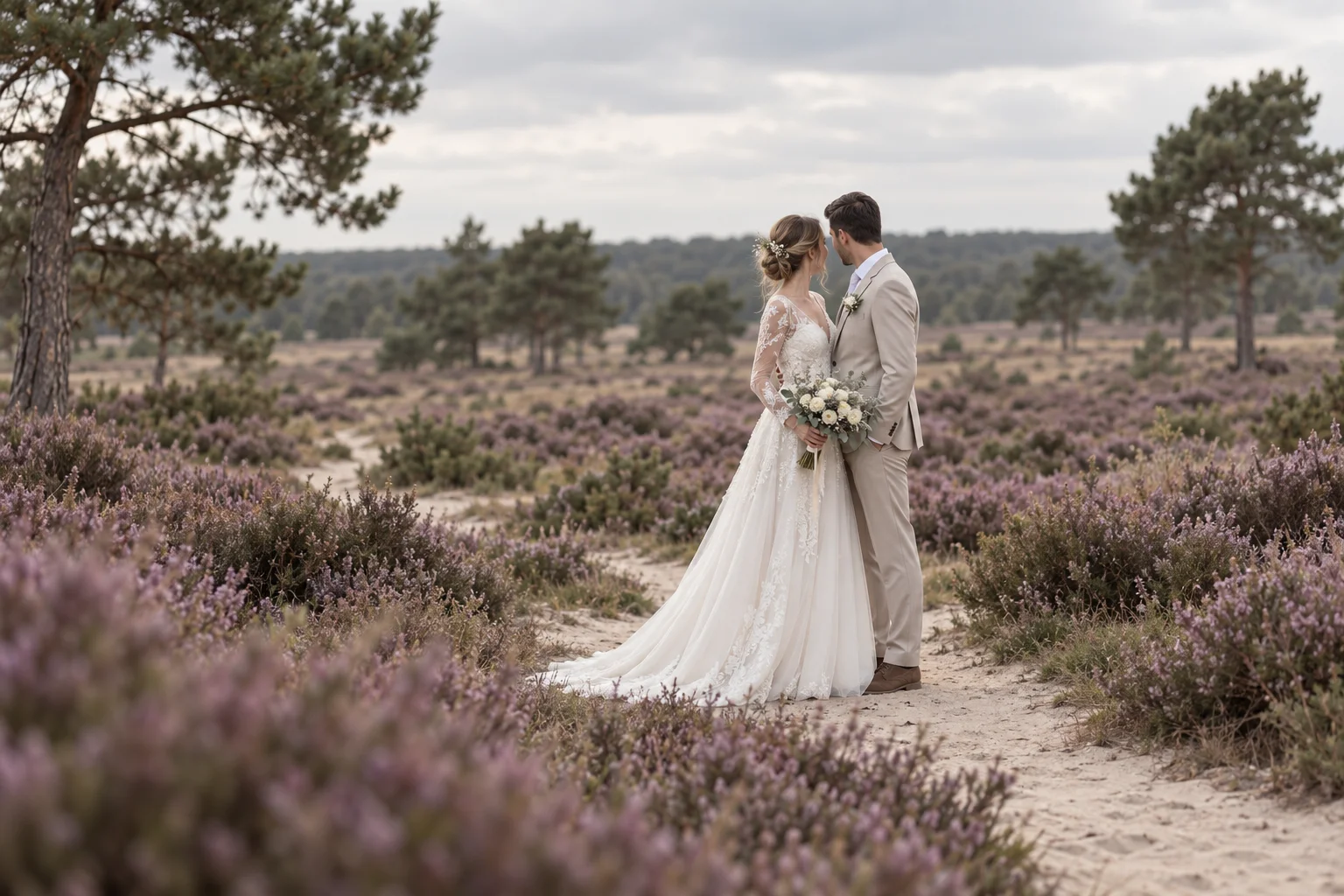 Bruidspaar op een zandpad over de paarse heide, tussen de dennenbomen