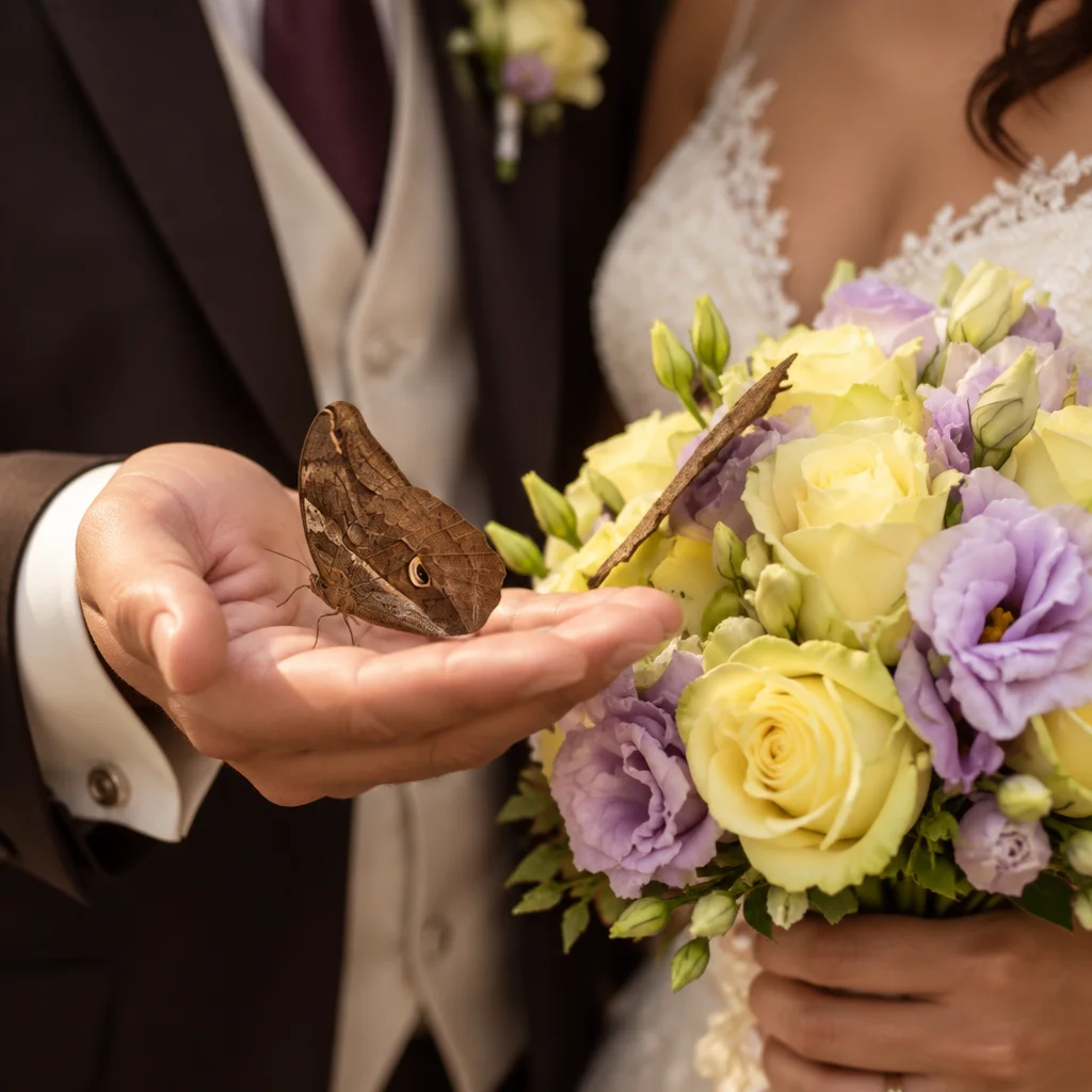 Bruidegom met een vlinder op zijn hand naast een boeket van gele rozen en lila bloemen