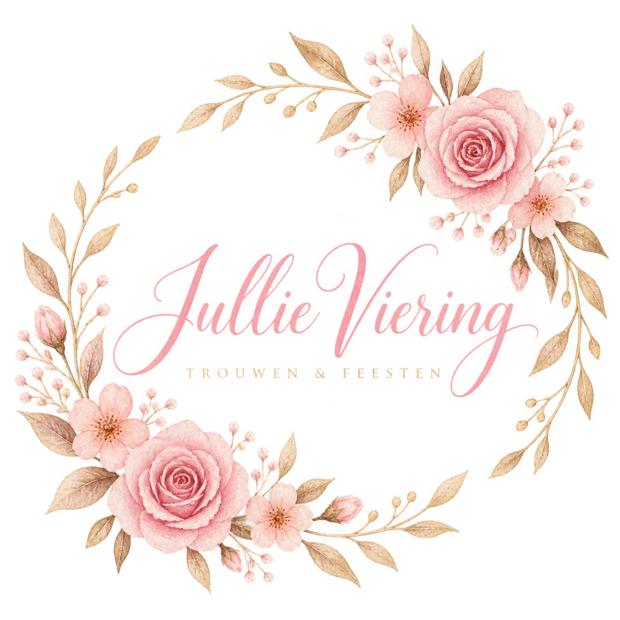 Logo met sierlijke roze letters binnen een ovale krans van roze rozen en gouden blaadjes