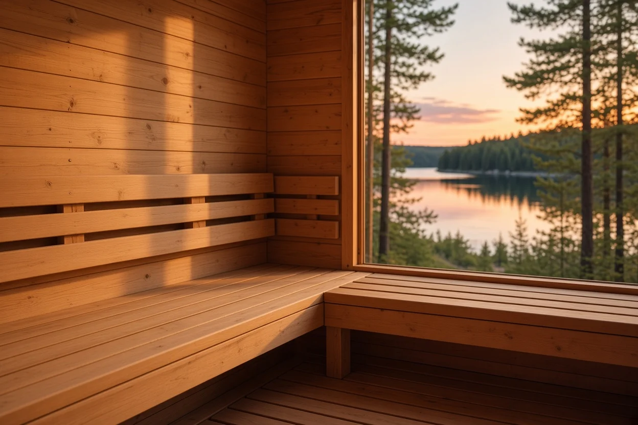 Houten sauna met lange banken en een groot raam met uitzicht op een meer tussen dennenbomen bij zonsondergang