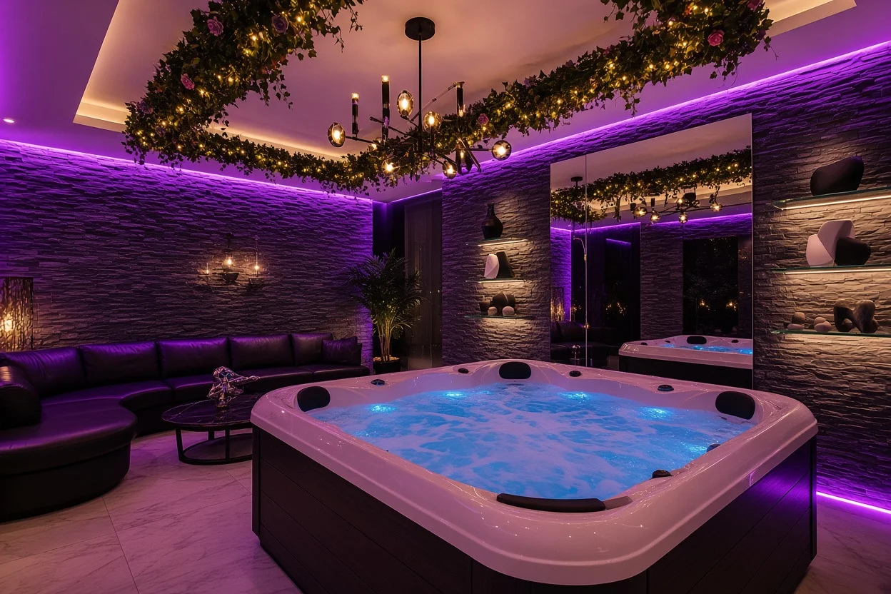 Bubbelbad met blauw licht in een ruimte met paarse sfeerverlichting, stenen wanden en een slinger van groen aan het plafond