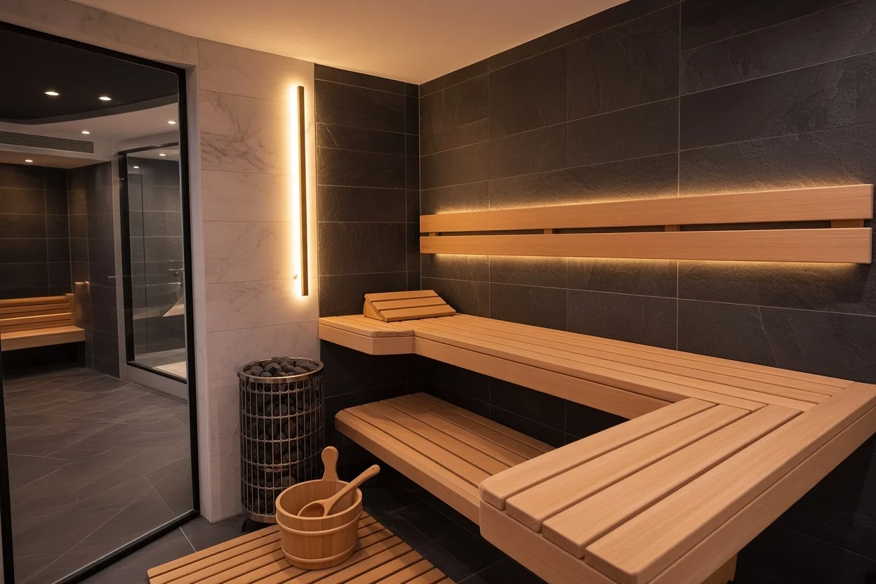 Sauna met lichte houten banken tegen donkere tegels, een saunakachel met stenen en een houten emmer met lepel