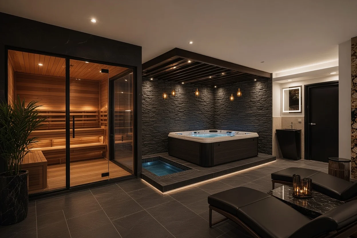 Donkere wellnessruimte met een bubbelbad op een verhoging, een glazen sauna en zwarte ligbedden bij kaarslicht
