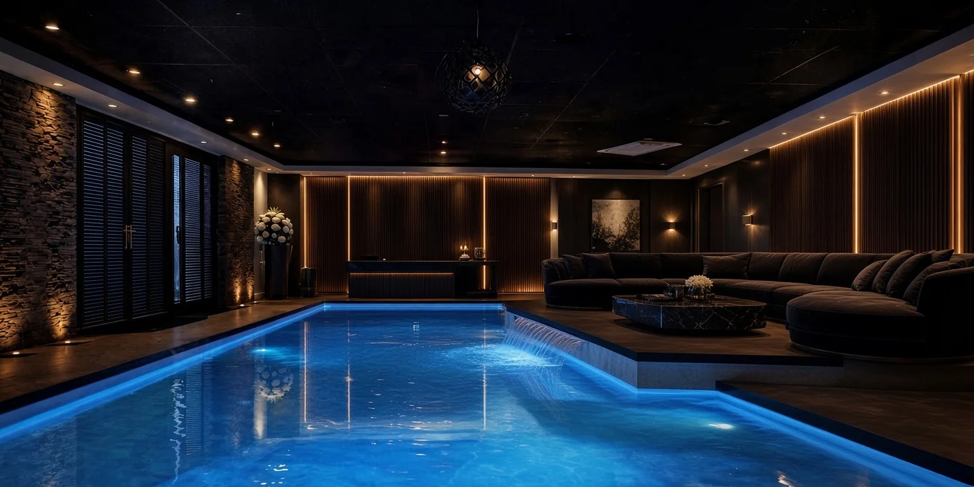 Binnenzwembad met blauwe verlichting, een waterval uit de wand en een grote zithoek in een donkere lounge