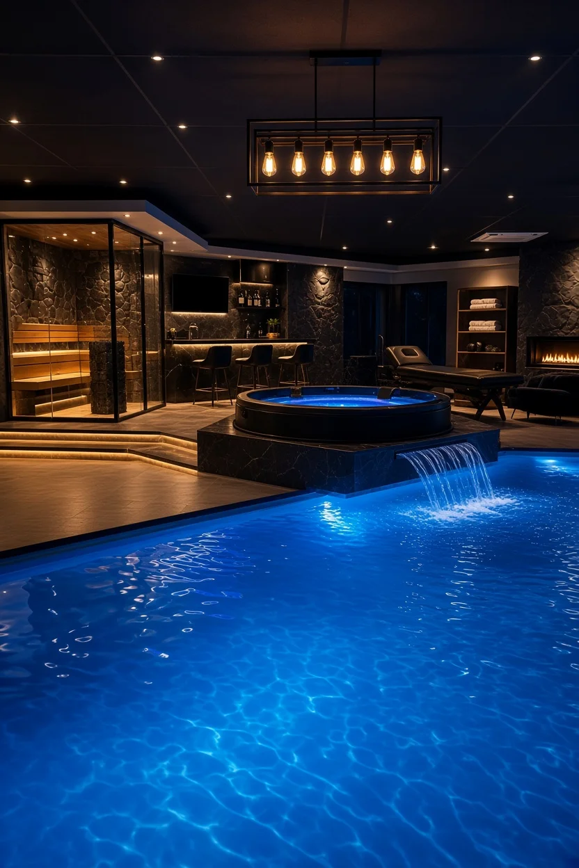 Blauw verlicht binnenzwembad met waterval, een rond bubbelbad op een podium en een glazen sauna op de achtergrond