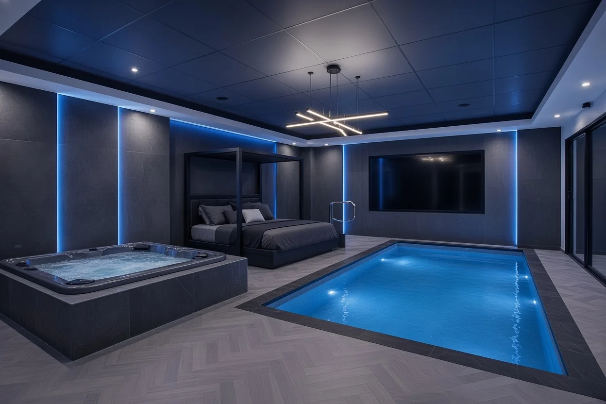 Suite met een hemelbed tussen een ingebouwd bubbelbad en een blauw verlicht zwembad