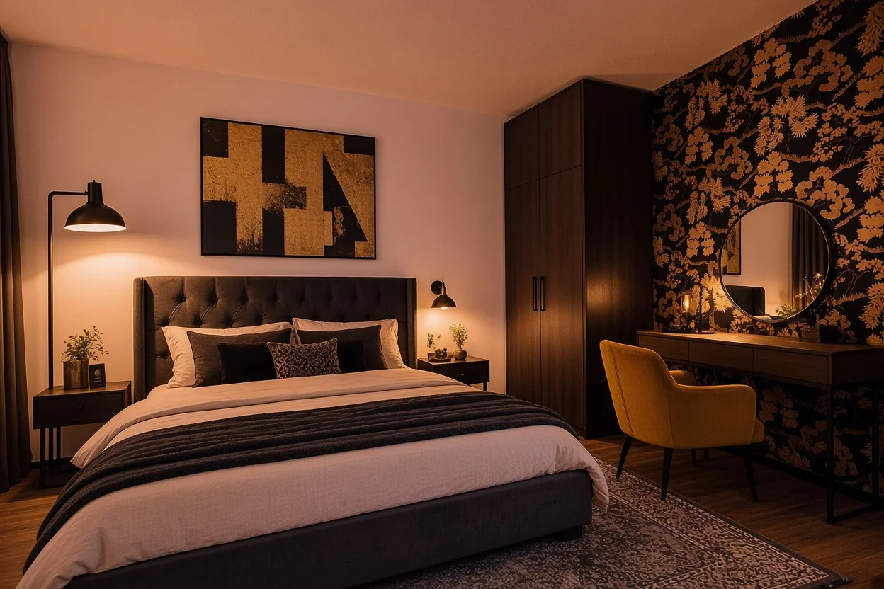 Warm verlichte slaapkamer met een tweepersoonsbed, een goudkleurig schilderij en een kaptafel voor bloemenbehang