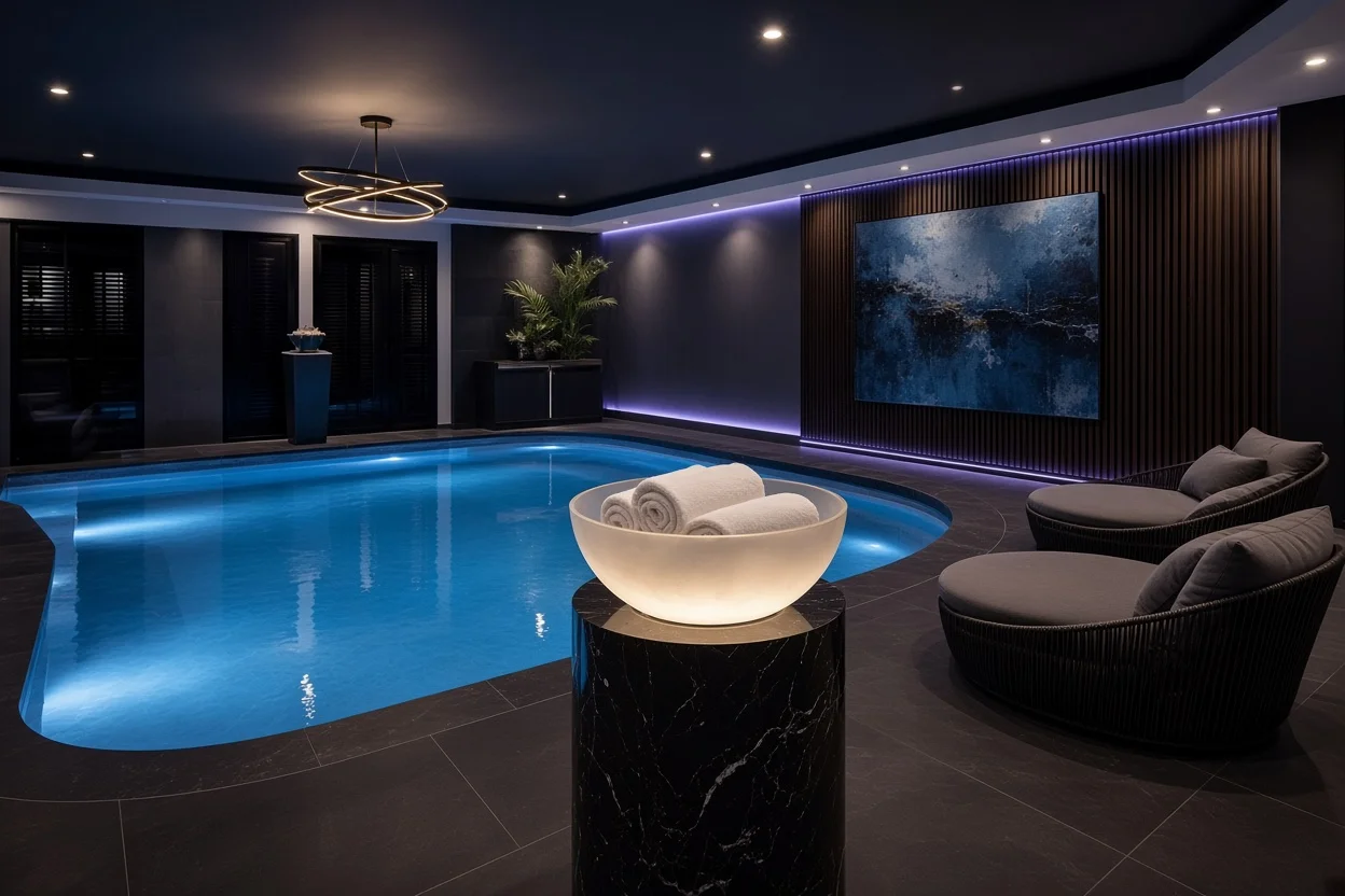 Binnenzwembad met blauwe verlichting, een verlichte schaal met opgerolde handdoeken en twee loungestoelen