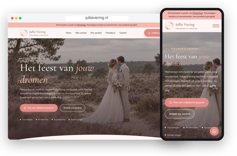 Proefontwerp voor een trouw- en feestplanner, op desktop en telefoon