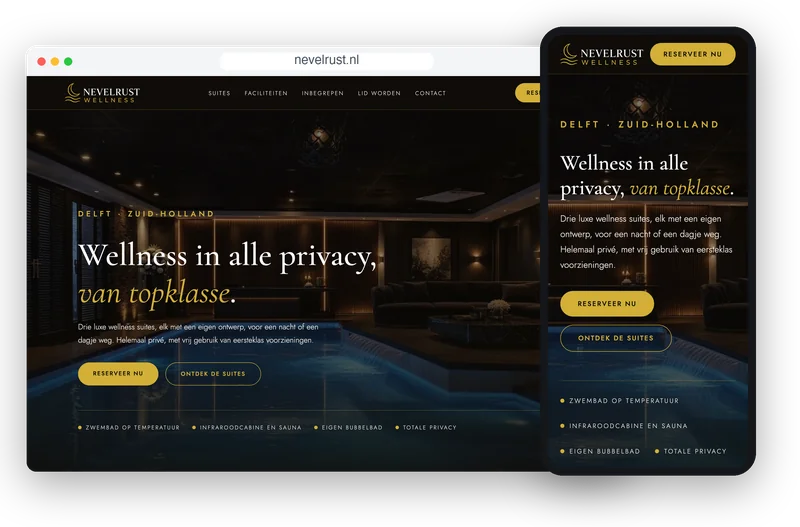 Proefontwerp voor privé wellness suites, op desktop en telefoon