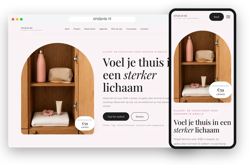 Proefontwerp voor een pilates- en yogastudio, op desktop en telefoon