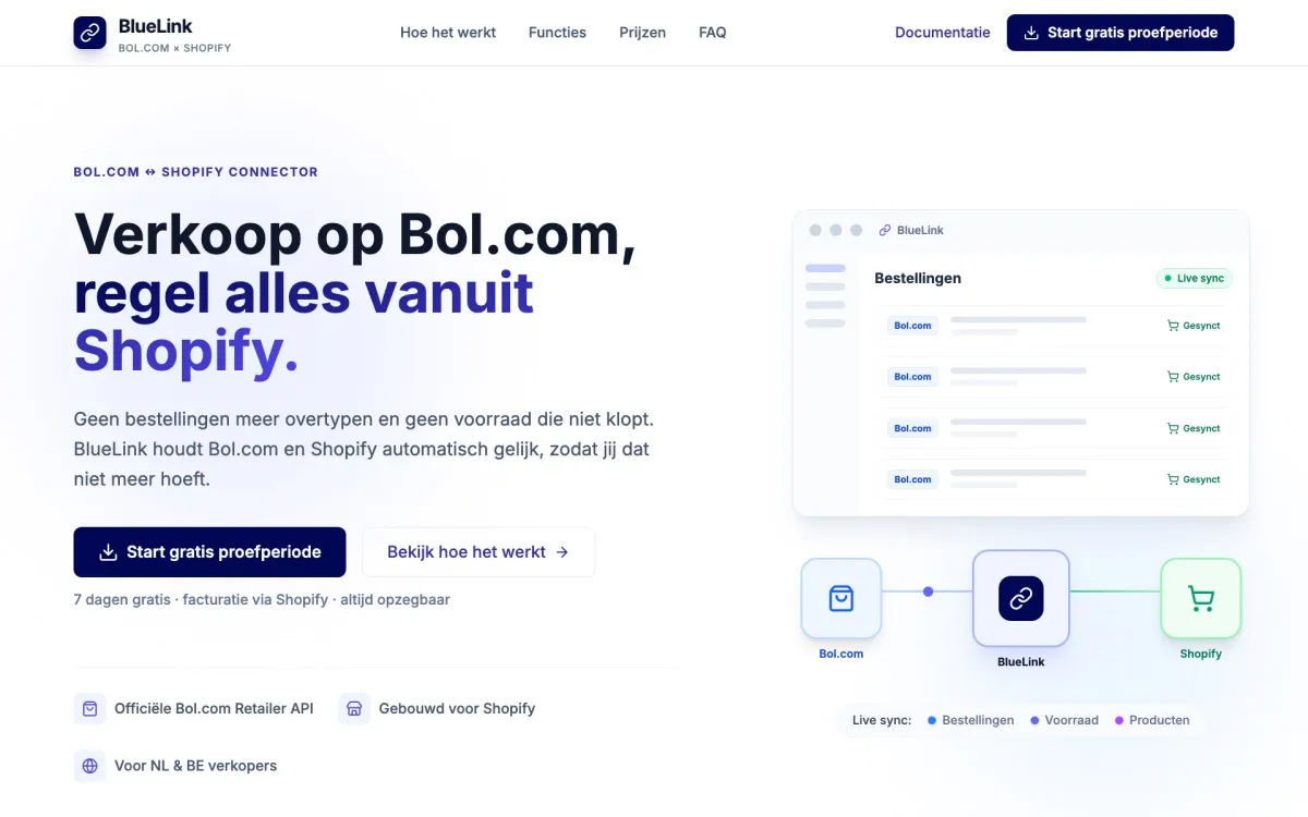 Website van BlueLink op desktop