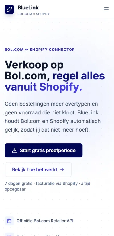 Website van BlueLink op mobiel