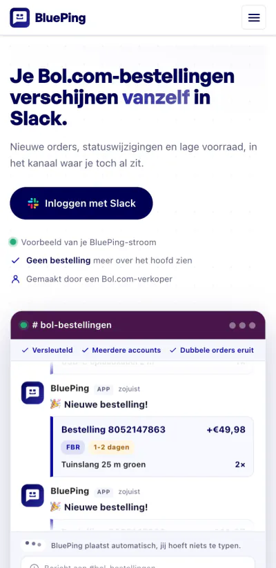 Website van BluePing op mobiel