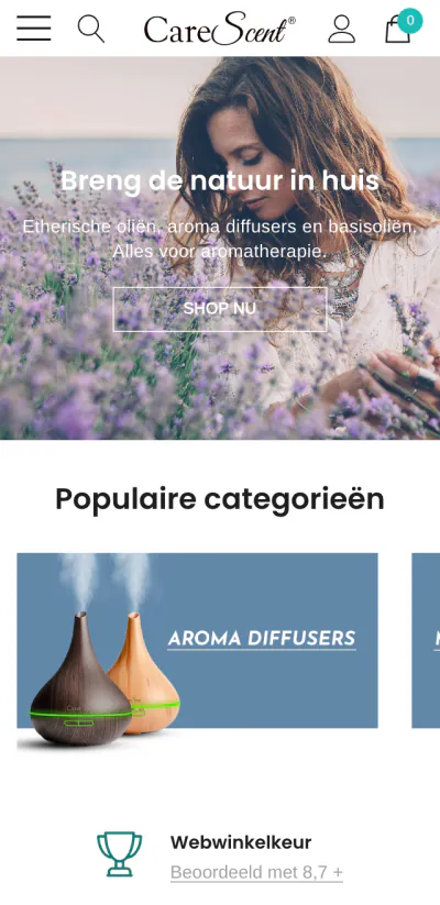 Website van CareScent op mobiel