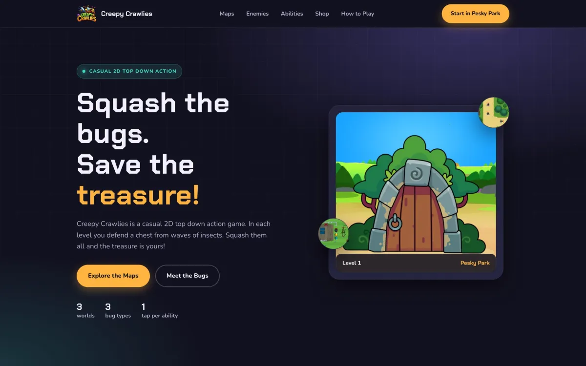 Website van Creepy Crawlies op desktop
