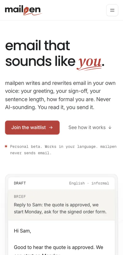 Website van mailpen op mobiel