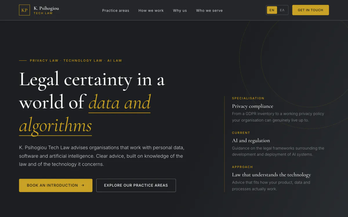 Website van K. Psihogiou Tech Law op desktop