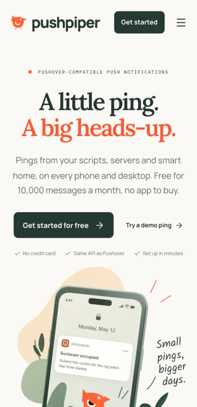 Website van PushPiper op mobiel