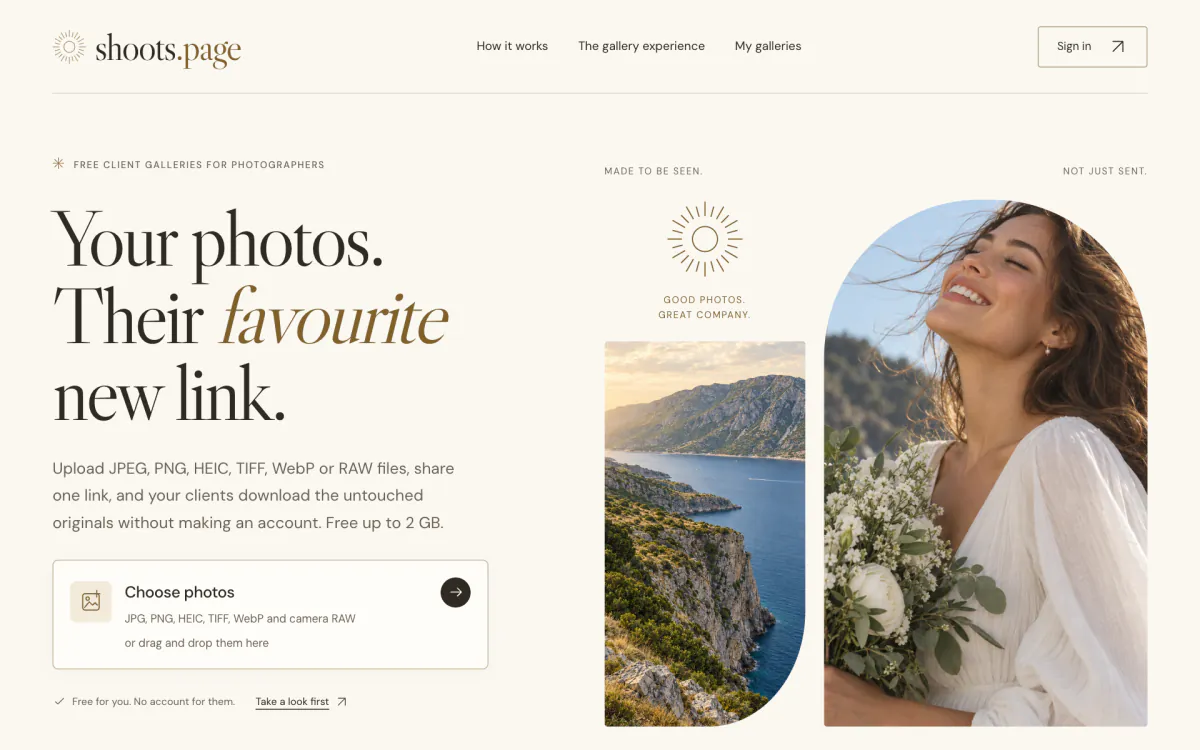 Website van shoots.page op desktop
