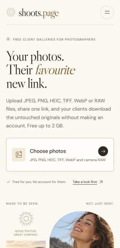 Website van shoots.page op mobiel