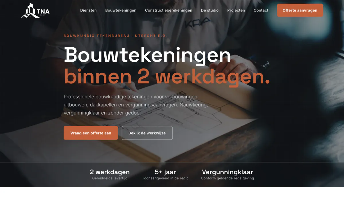 Website van TNA Bouw op desktop